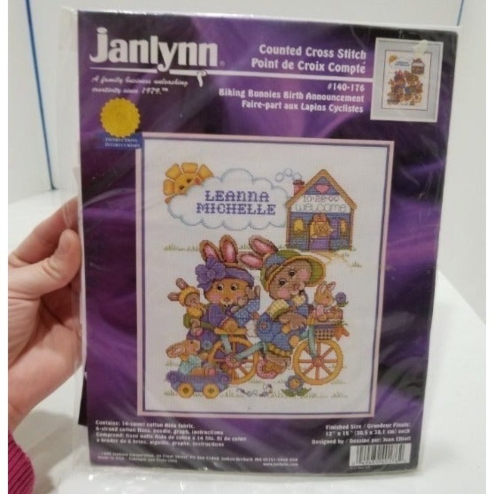 VTG Janlynn 140-176 Biking Bunnies Birth Announcement Counted Cross Stitch‎ Kit